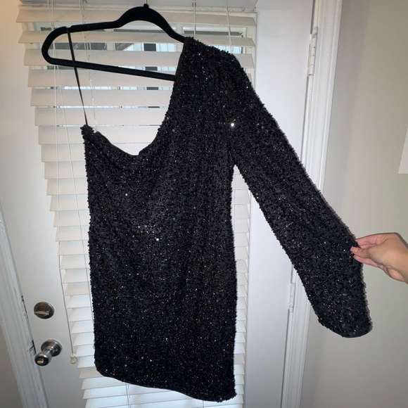 NWT Fashion Nova Black Sequin Asymmetrical Bodycon Dress - Picture 8 of 13